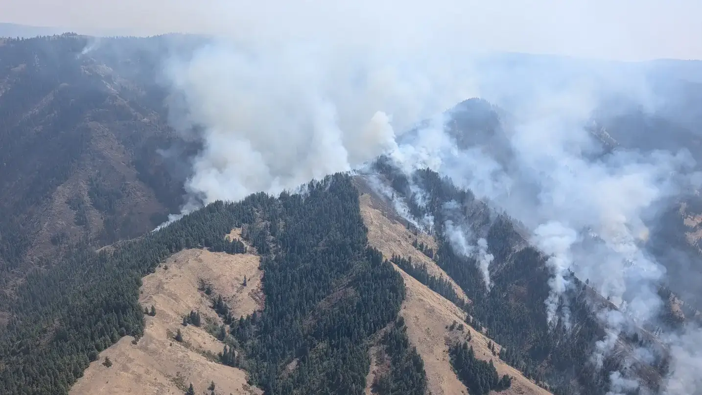 Smoke rises from multiple wildfire hotspots across dry, forested mountain ridges.