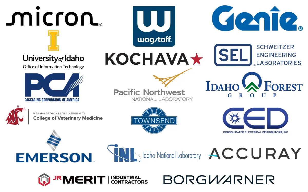 Logos for Micron, Wagstaff, Idaho National Laboratory, University of Idaho Office of Information Technology, Kochava, Schweitzer Engineering Laboratories, PCA, Port Townsend Paper Company, Idaho Forest Group, Washington State University College of Veterinary medicine, Pacific Northwest National Laboratory, BorgWarner, CED, Accuray, Genie, Emerson, JR Merit, Idaho Workforce Development Council and Idaho STEM Action Center