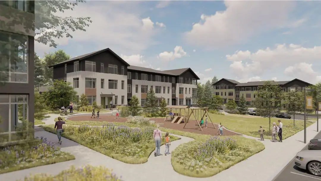 A rendering of an apartment style building.