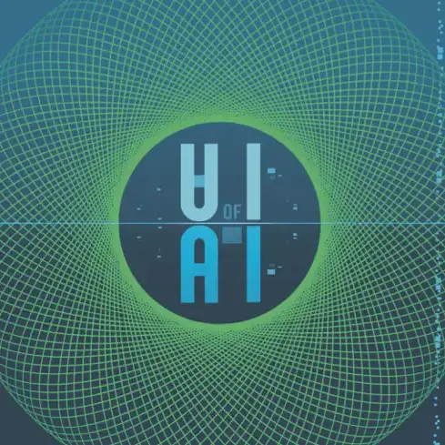 Graphic with a circular, mesh-like pattern surrounding the text 'UI of AI' in blue on a dark background.