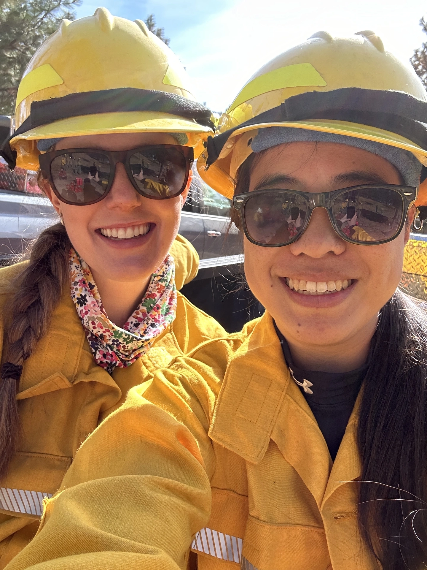 Selfie of Kylie Mohr and Jennifer Yu in protective gear.
