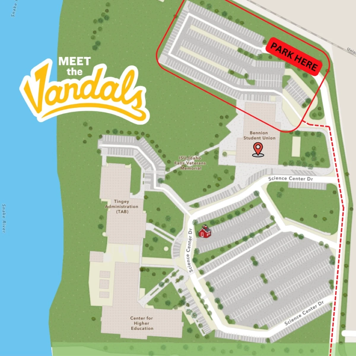 Map of the Idaho Falls center with the student union building marked for the Meet the Vandals event