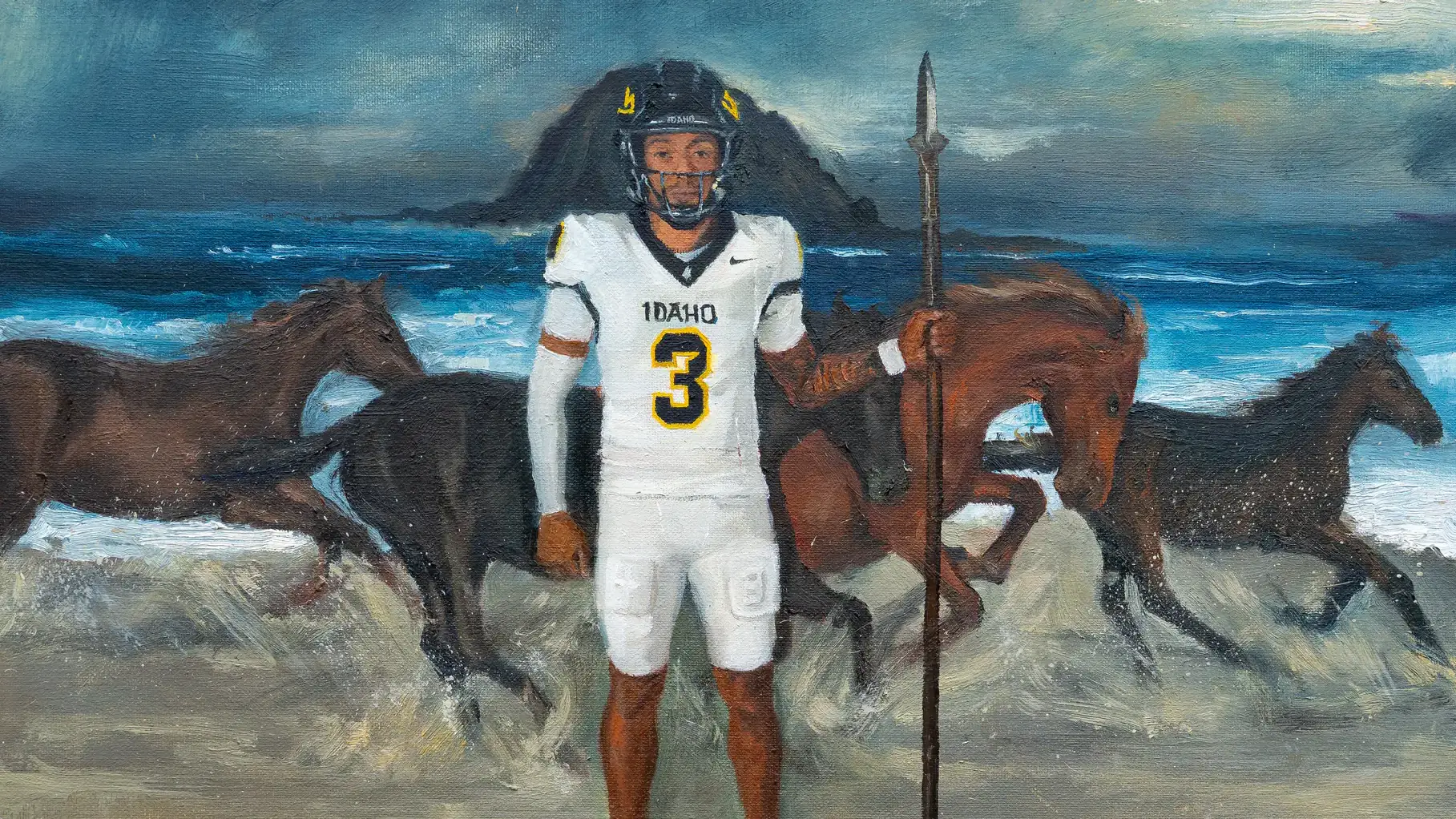 Football player in white uniform holding a spear with wild horses running through a body of water behind him.