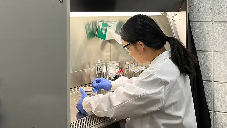 A woman in a white lab coat works under a chemical hood.