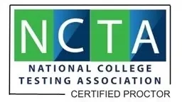 Green and blue badge logo for the National College Testing Association, certified proctor