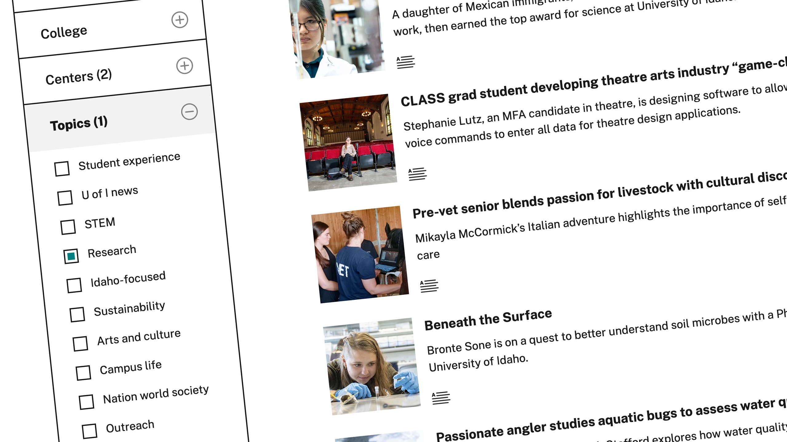 Screenshot of search results on the Newsroom home page