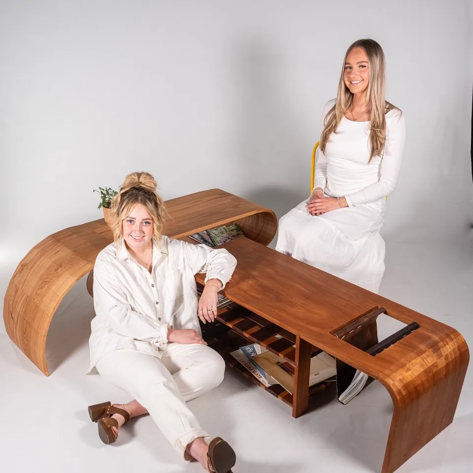 IAD332 (Furniture Design and Construction) cohort students and their final furniture projects are photographed Wednesday, April 23, 2025.