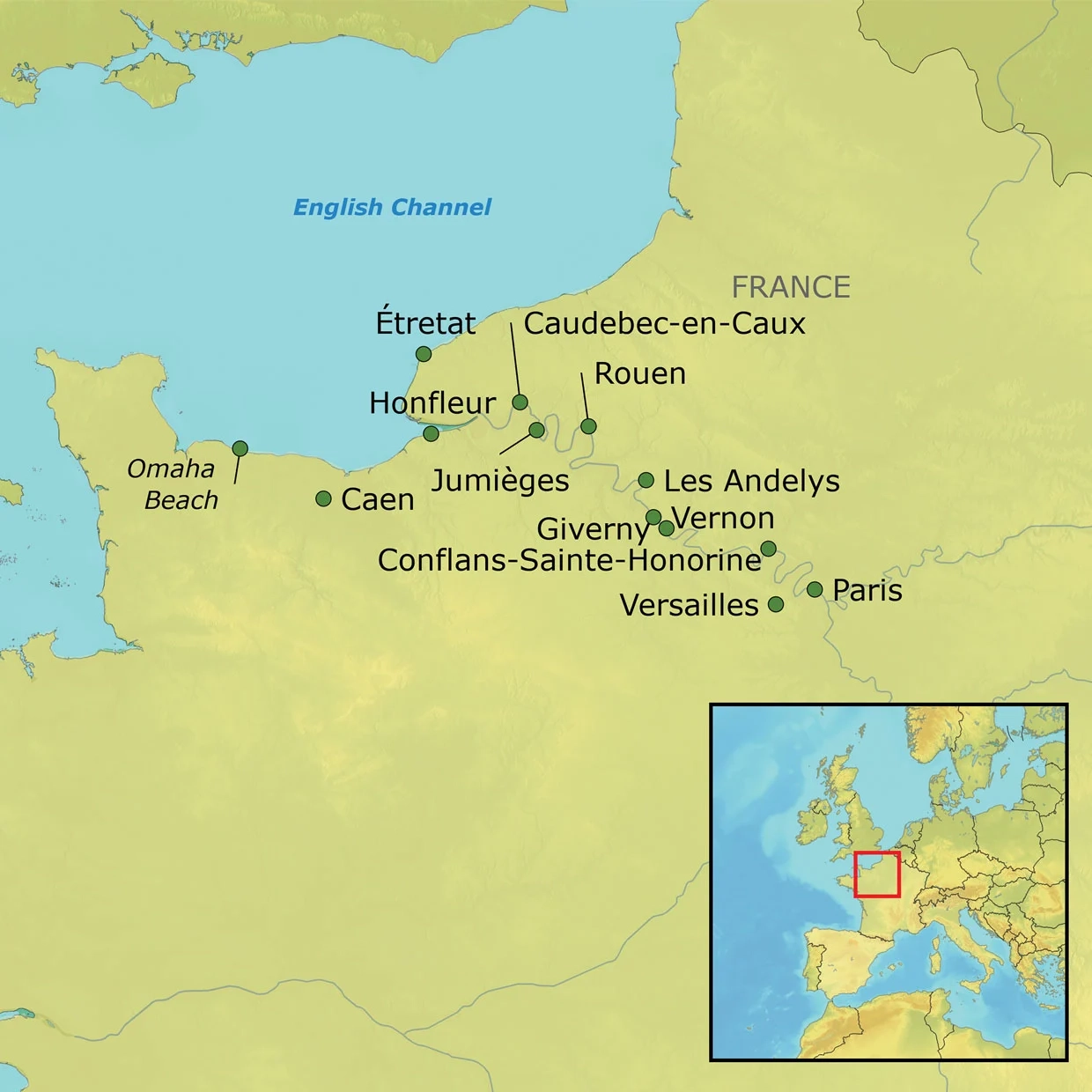 A map of France with cities marked along the Seine