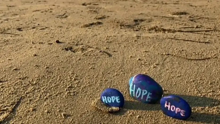 Three colorful painted rocks with the name Hope