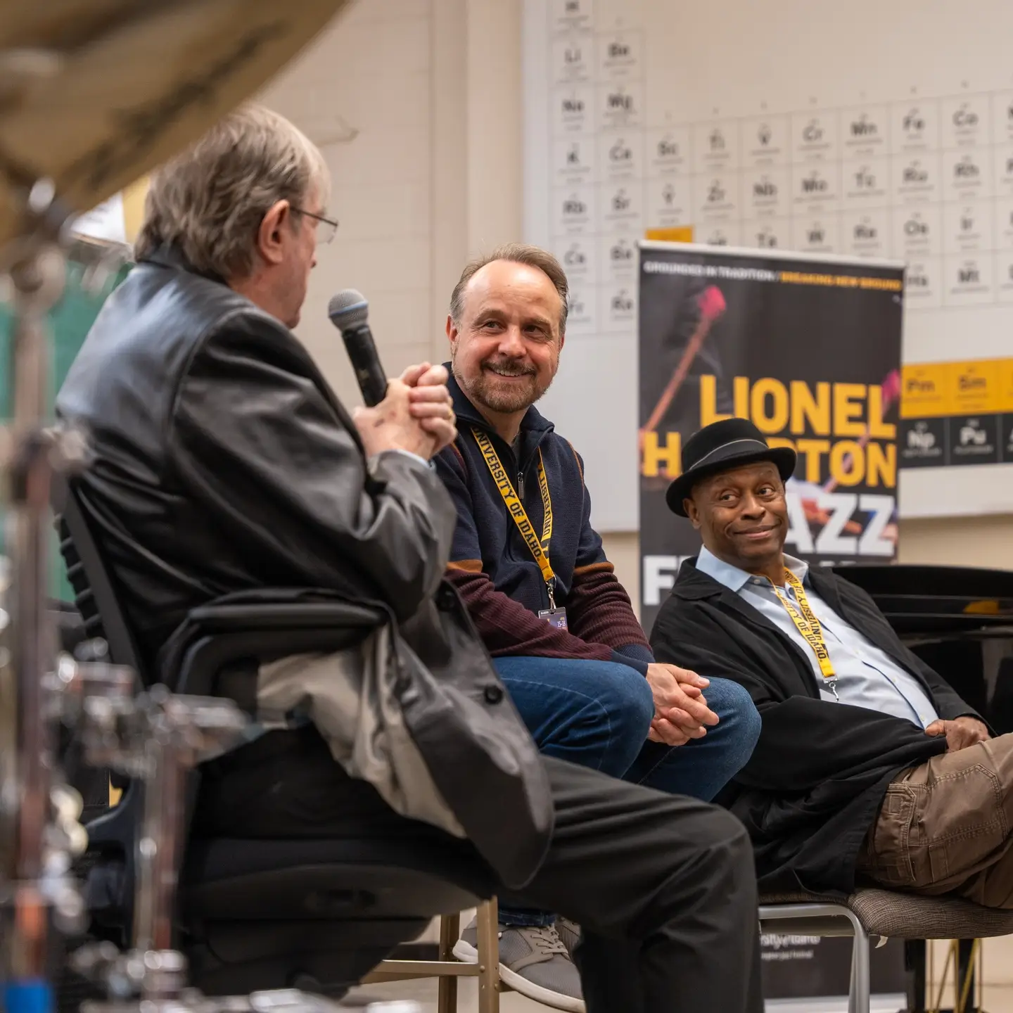 Doc Skinner speaks at an LHJF masterclass with Christian Fabian and David Gibson of the Lionel Hampton Big Band.