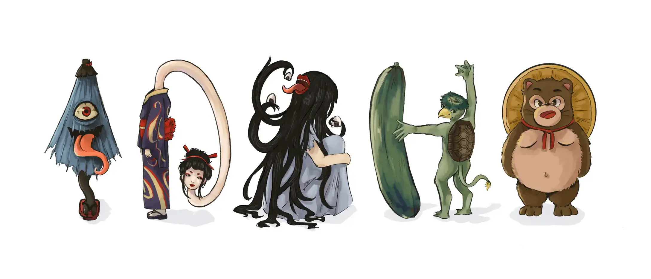 Illustration of six yokai from Japanese folklore, each with distinctive features and designs on a white background.