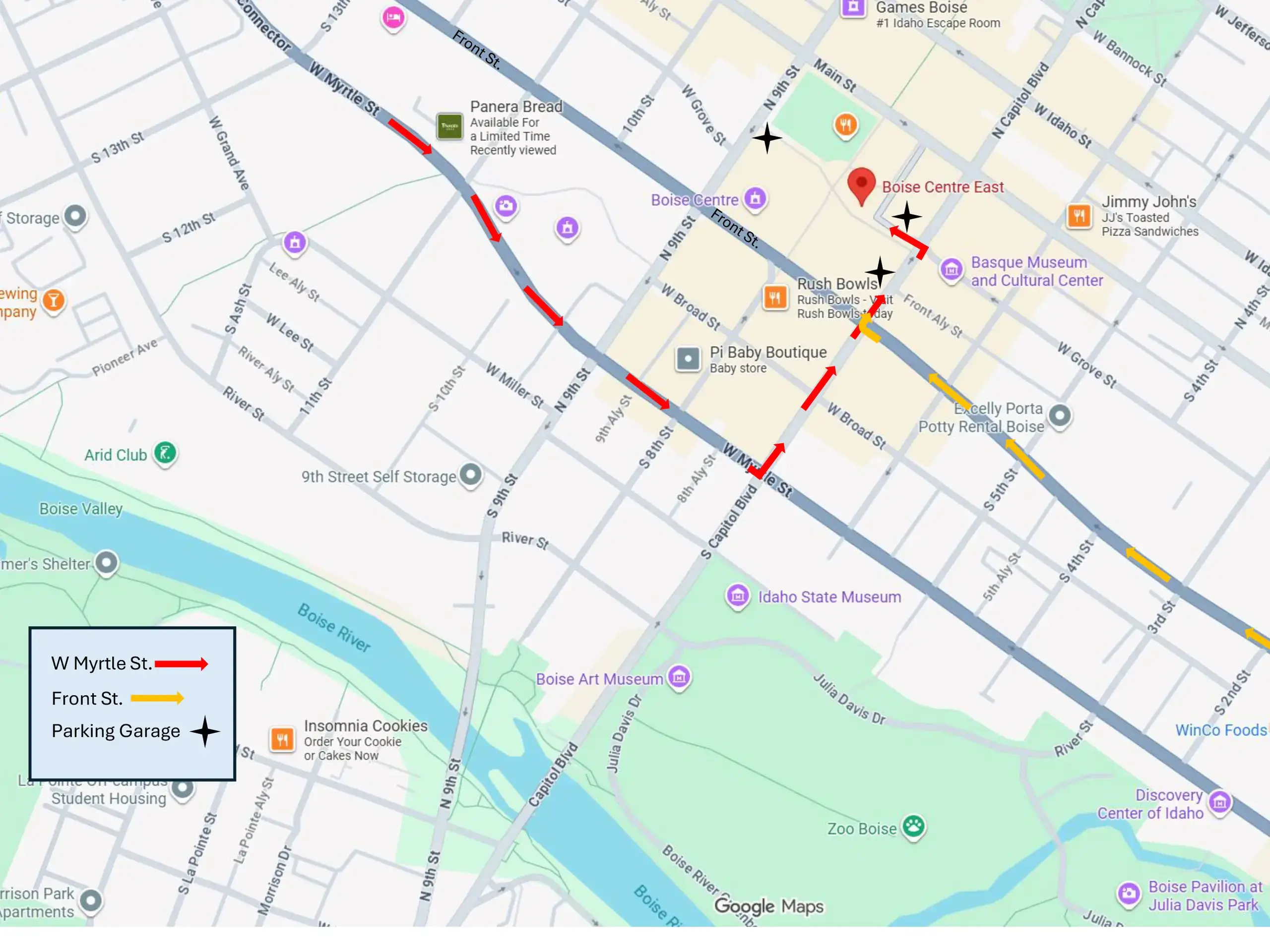 Map of downtown Boise with routes to Boise campus parking.