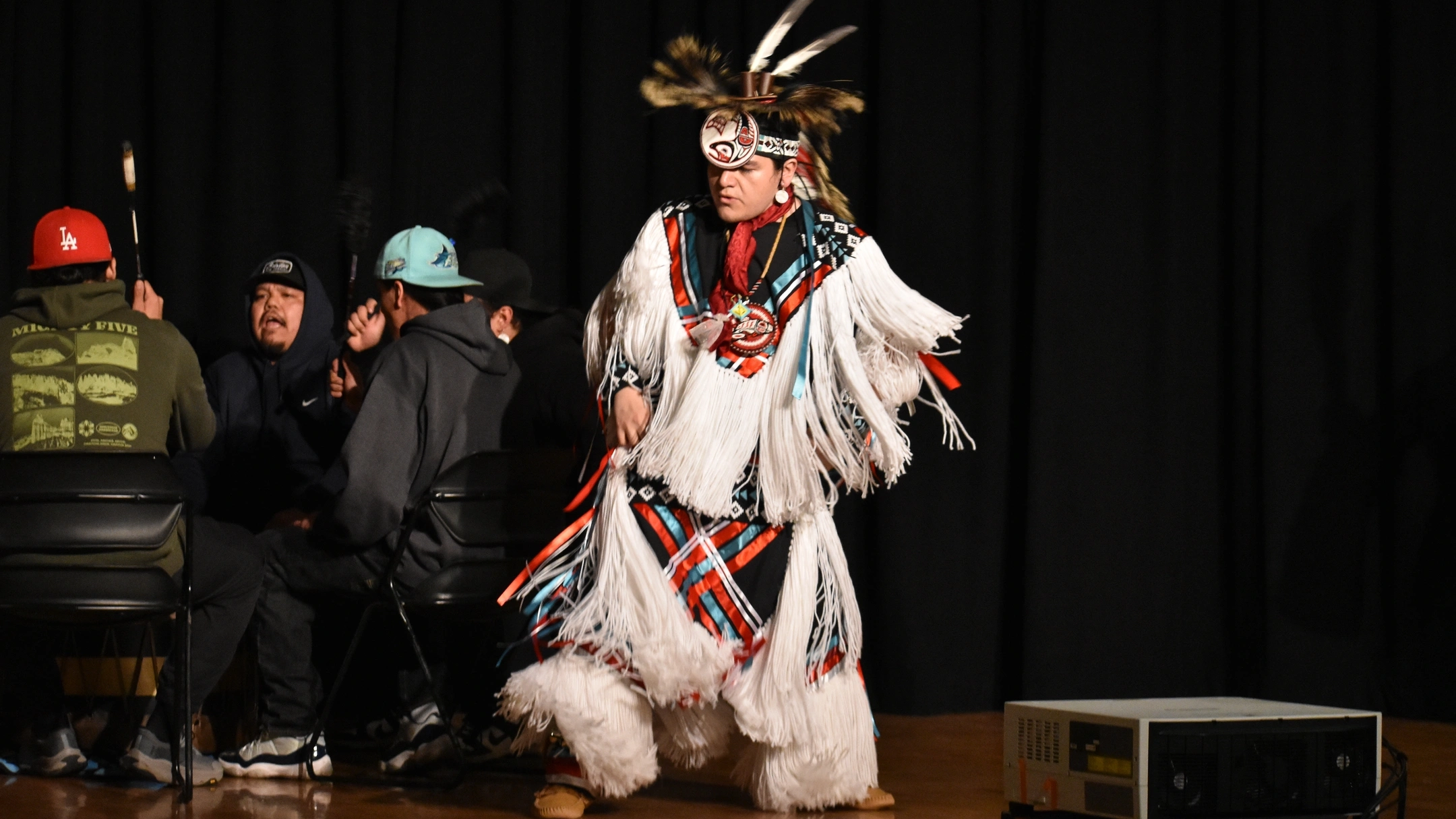 A Native American performing in cultural attire
