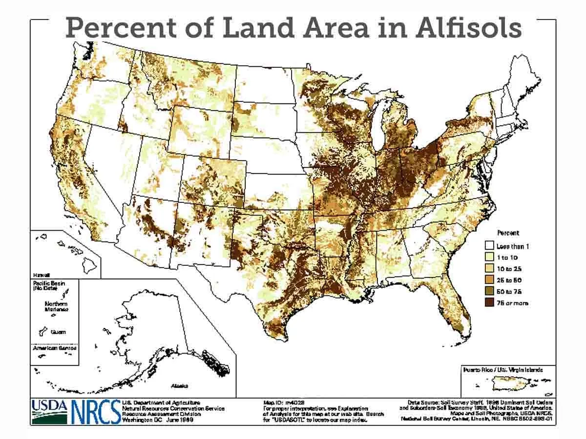 A map showing the percent of land in Alfisols.