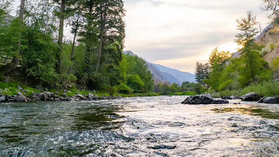A photo of a river with a rock outcrop and mountains in the distance