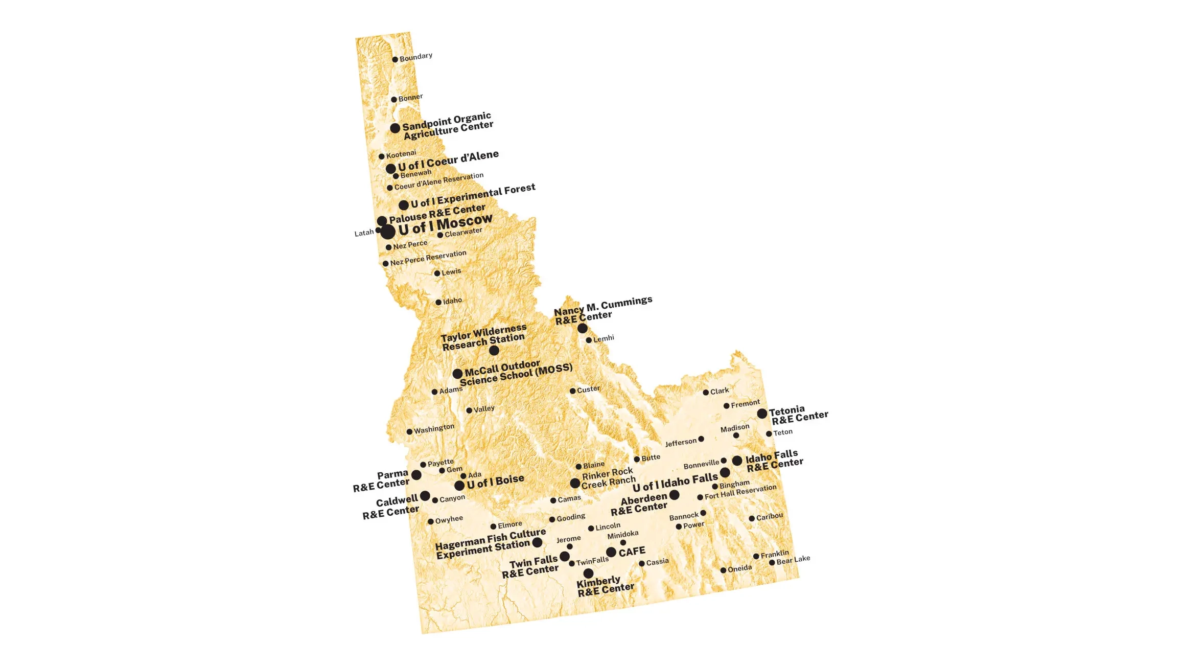 The statewide map of the locations of all Ӱֱ campuses and UI Extension locations.