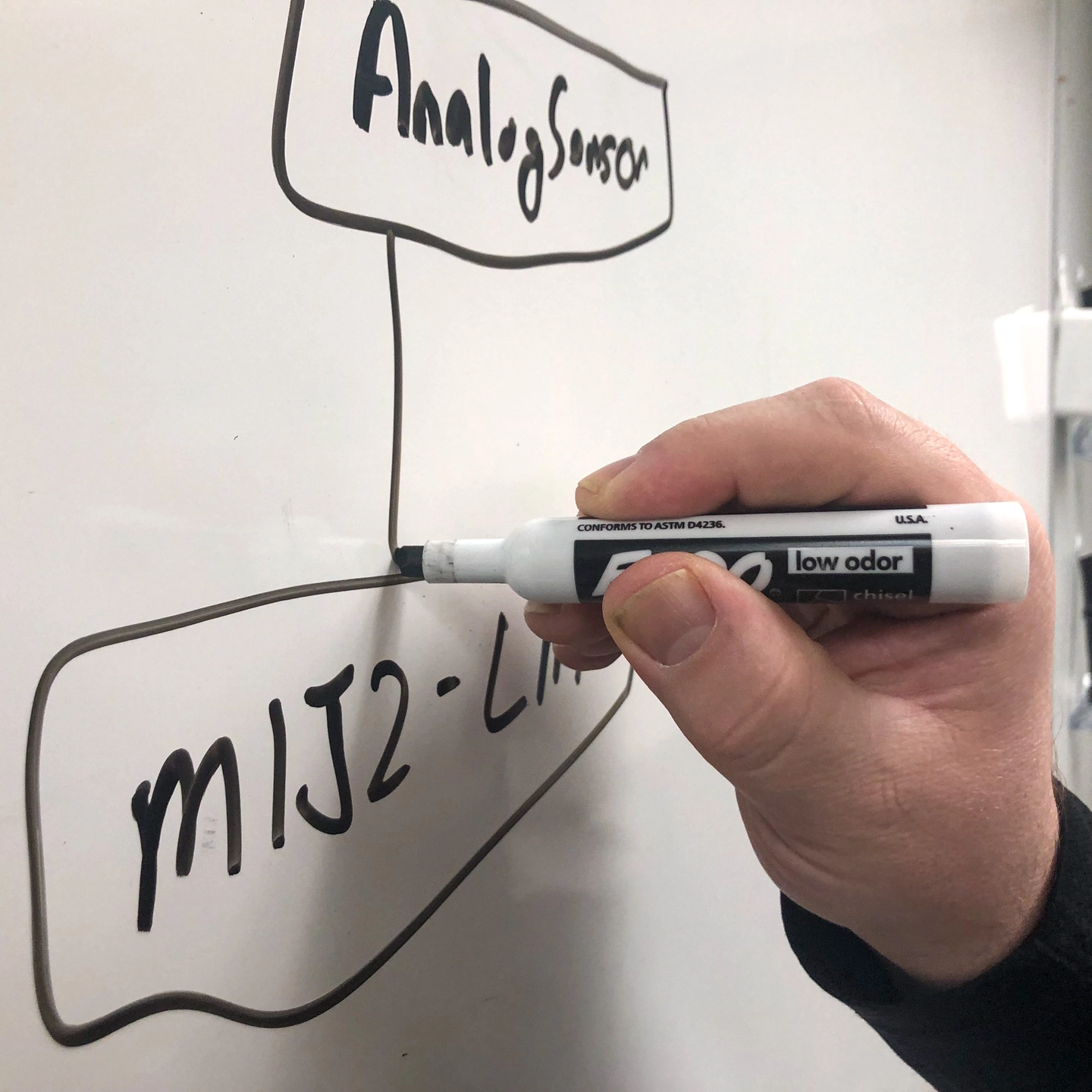 Kevin Wing draws a computer coding flowchart on a whiteboard