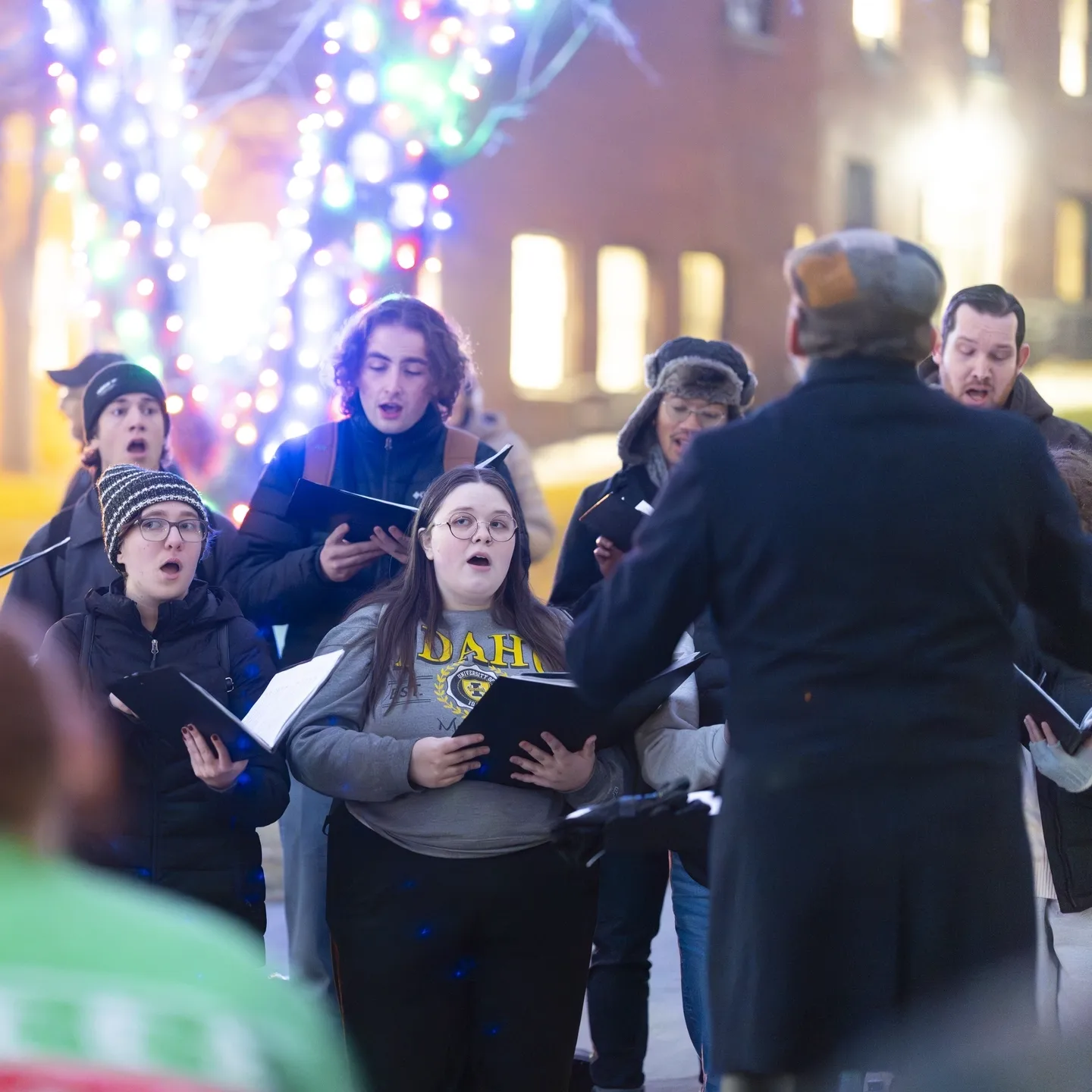 The 2024 Vandal Family Holiday Tree lighting ceremony marked the launch of a new Vandal community holiday tradition. A 35-foot-tall Engelmann spruce tree was harvested from the U of I Experimental Forest, and a team of employees and students helped bring it to campus in time for the lighting ceremony outside the ISUB. The Vandal Family Holiday Tree will stay up until January, when it will be taken down and used to make ornaments for donors who helped support outdoor recreation opportunities on university lands on the Palouse. Wood from the tree will also be used by students in the forest and sustainable products Working with Wood class this spring to make a violin which will be gifted to the Lionel Hampton School of Music for use as a training instrument.