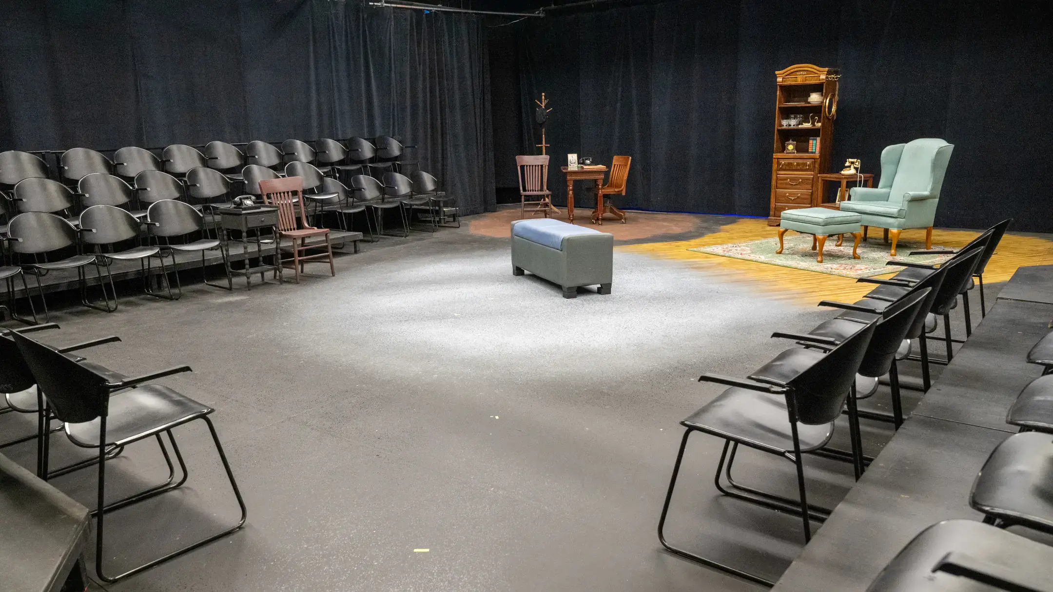 Forge Theater interior. The Forge is a black box experimental theatre with moveable seating.