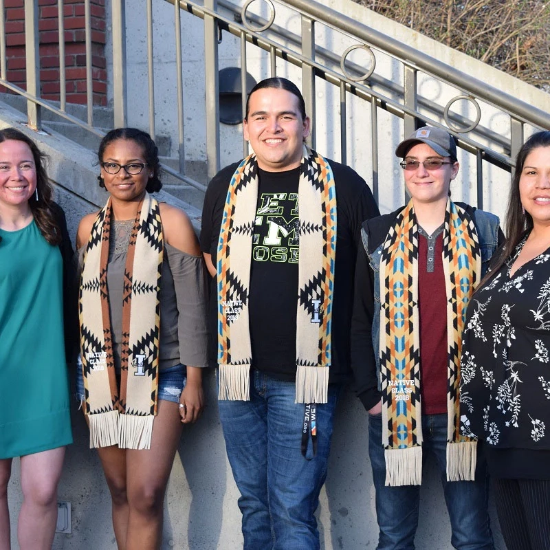 2018 Spring Graduates: Winter Hayes, Derek Abrahamson and Anna Miera, with Tribal Nations Student Affairs Program Coordinator Lindsey Schneider and Director Sydel Samuels