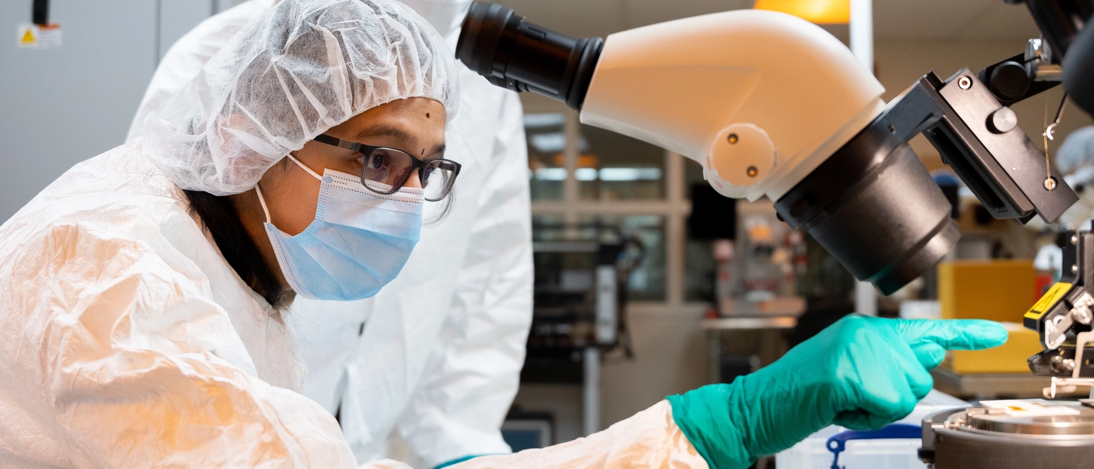 Srividya Raveendran uses semiconductor manufacturing equipment in the Next Generation Microelectronics Research Center at University of Idaho.