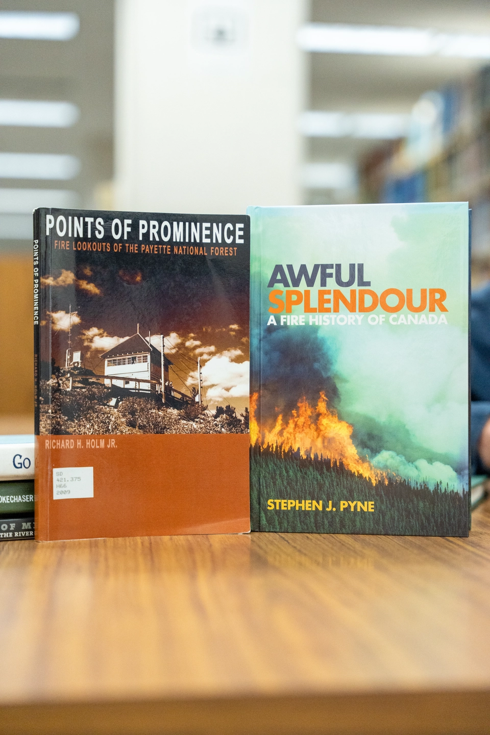 Two books displayed on a table.
