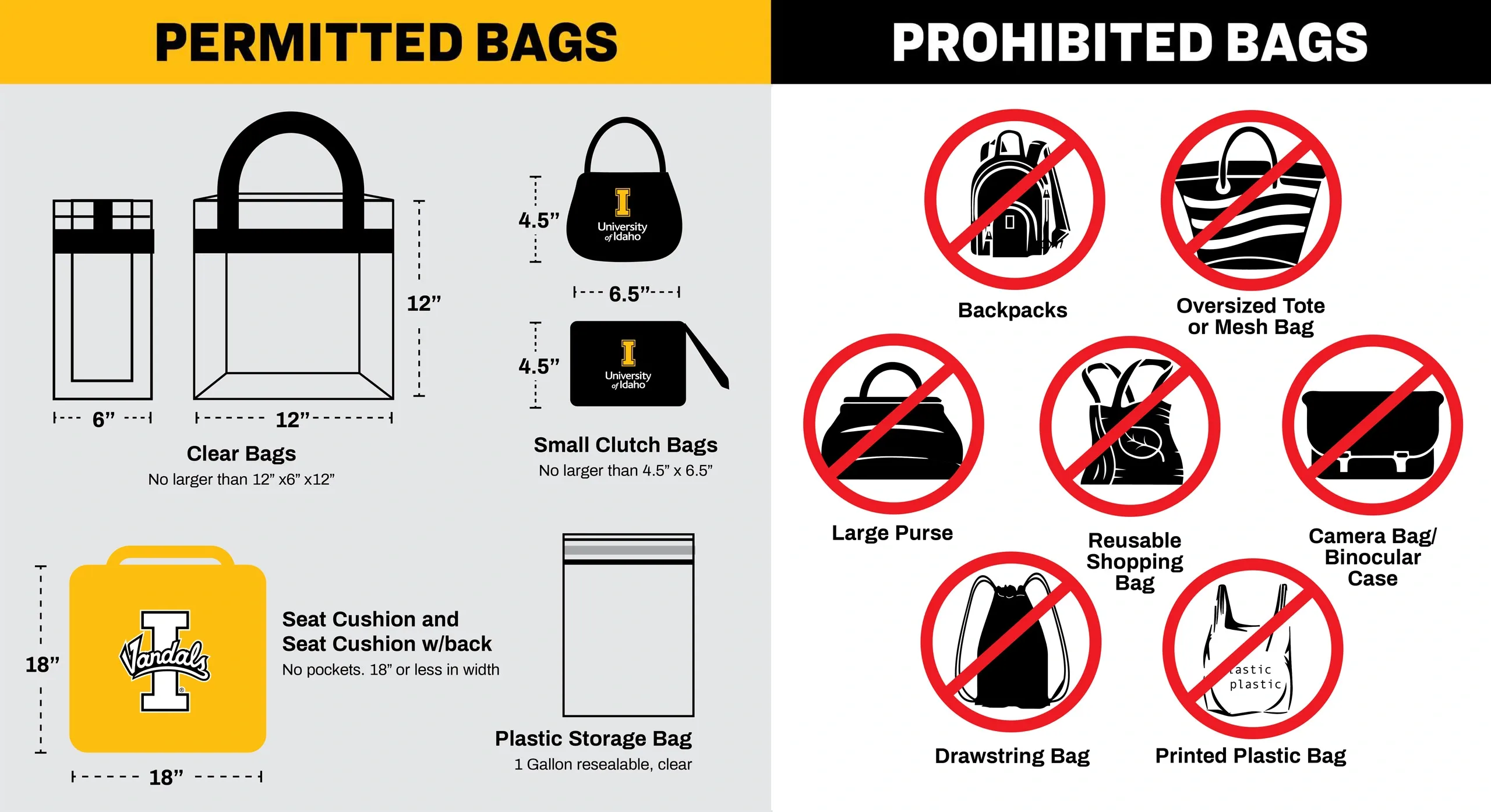 Diagram showing approved bag types for event entry: a clear tote (max 12″ × 6″ × 12″), a small clutch/wristlet (max 4.5″ × 6.5″), a clear one gallon resealable bag or a seat cushion (18" x 18")