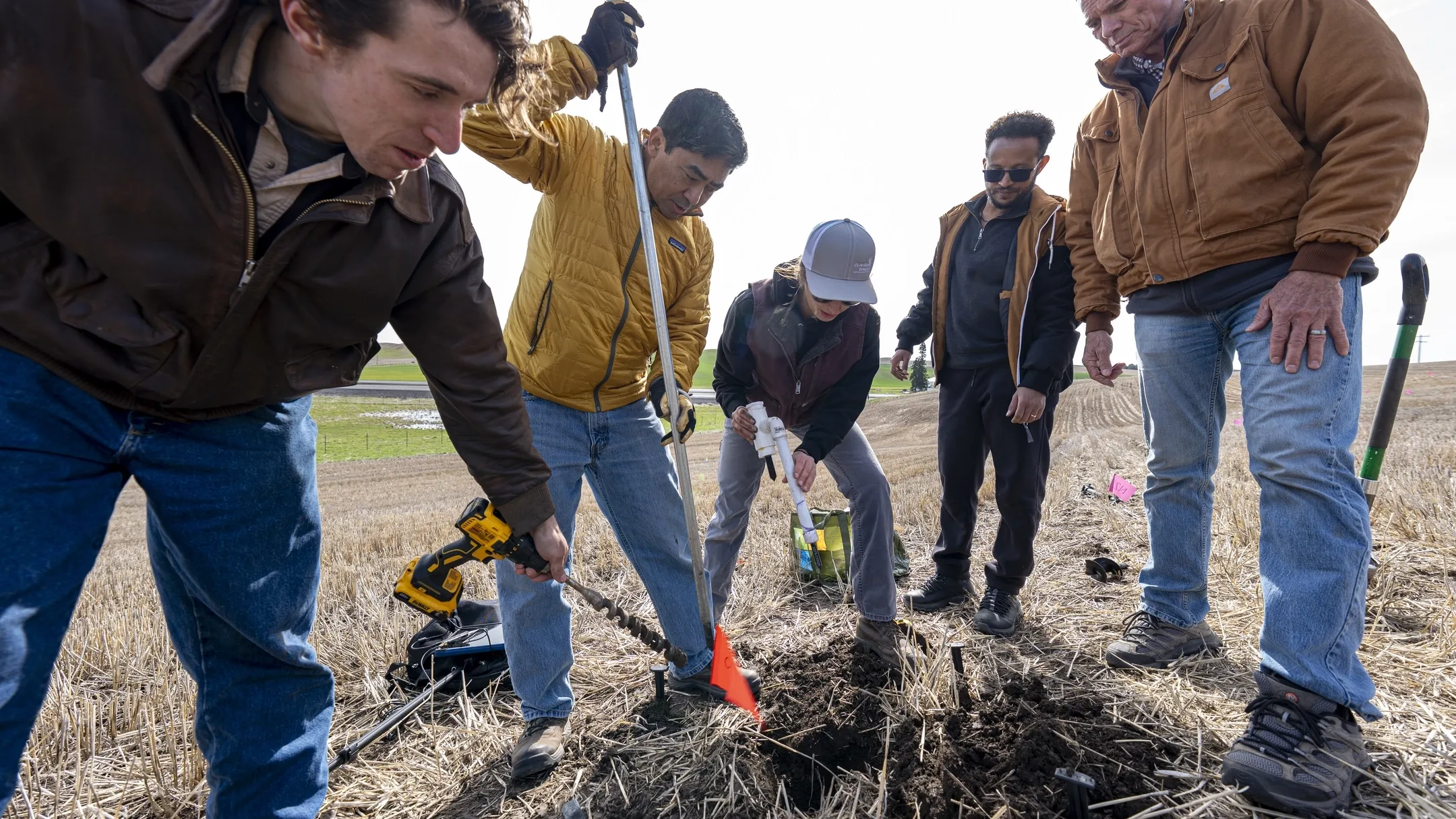 Professor Dev Shrestha, Associate Professor Russ Qualls and students do Palouse Soil Moisture Project research, as part of a 3-year study, at University of Idaho’s field research farm, Kambitsch Farm, near Genesee, ID Thursday, April 10, 2025.