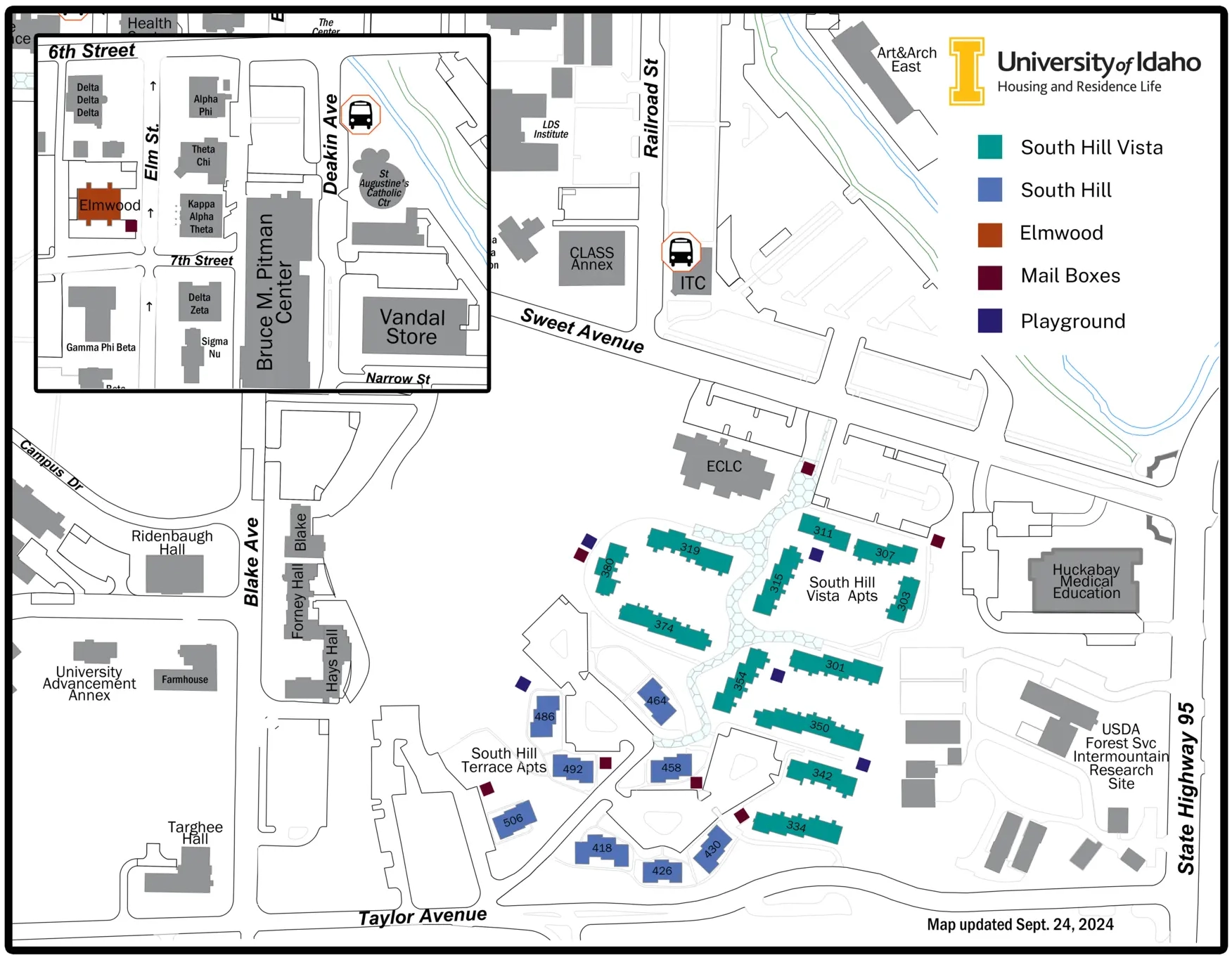 A map depicting the Elmwood Apartments (527 Elm Street), the South Hill Apartments (418 Taylor, 426 Taylor, 430 Taylor, 458 Taylor, 464 Taylor, 486 Taylor, 492 Taylor, 506 Taylor, 510 Taylor, 514 Taylor, 518 Taylor, 524 Taylor, 528 Taylor, 1011 Deakin, 1012 Deakin and 1016 Deakin, 1020 Deakin) and the South Hill Vista Apartments (301 Sweet, 307 Sweet, 311 Sweet, 315 Sweet, 319 Sweet, 380 Taylor, 334 Taylor, 342 Taylor, 350 Taylor, 354 Taylor and 374 Taylor) on the south east part of U of I campus between Blake Avenue, Taylor Avenue and Sweet Avenue.