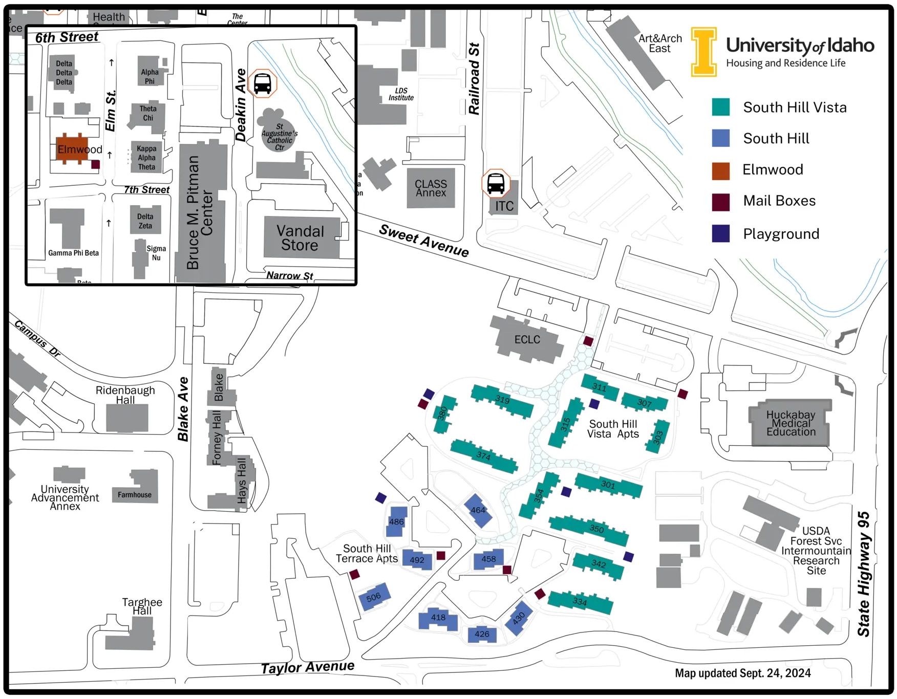 A map depicting the Elmwood Apartments (527 Elm Street), the South Hill Apartments (418 Taylor, 426 Taylor, 430 Taylor, 458 Taylor, 464 Taylor, 486 Taylor, 492 Taylor, 506 Taylor, 510 Taylor, 514 Taylor, 518 Taylor, 524 Taylor, 528 Taylor, 1011 Deakin, 1012 Deakin and 1016 Deakin, 1020 Deakin) and the South Hill Vista Apartments (301 Sweet, 307 Sweet, 311 Sweet, 315 Sweet, 319 Sweet, 380 Taylor, 334 Taylor, 342 Taylor, 350 Taylor, 354 Taylor and 374 Taylor) on the south east part of U of I campus between Blake Avenue, Taylor Avenue and Sweet Avenue.