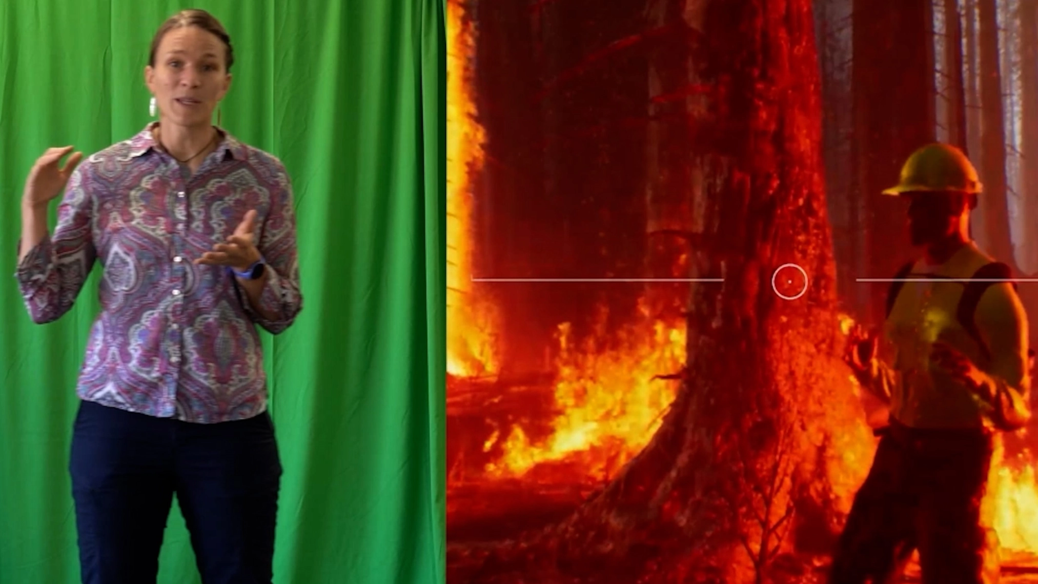 Split screen with Heward in front of green screen on left, avatar on right
