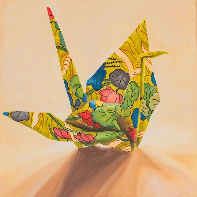 A painting of an origami crane.