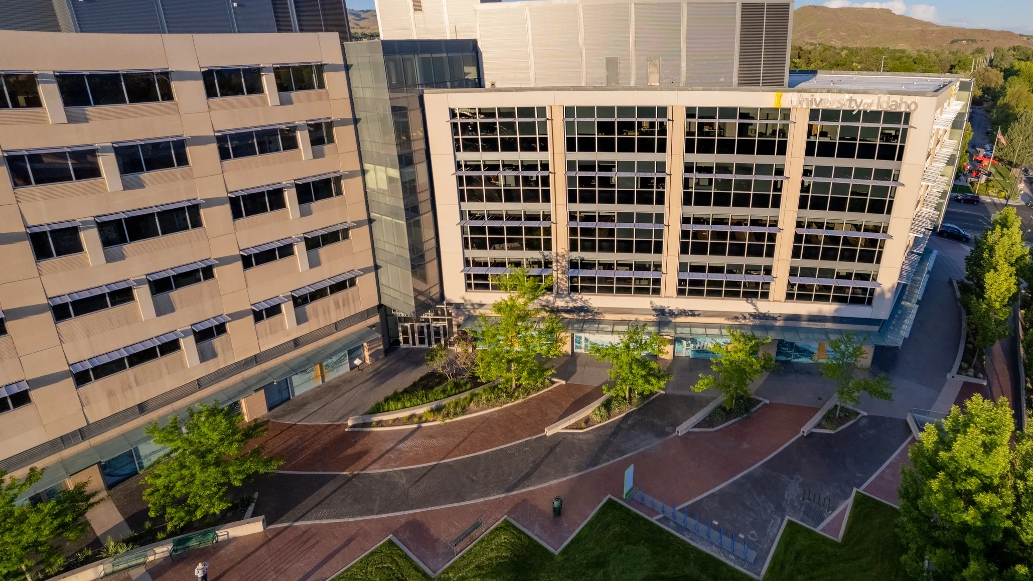 Oblique aeral of the University of Idaho Boise Water Center in Downtown Boise Idaho.