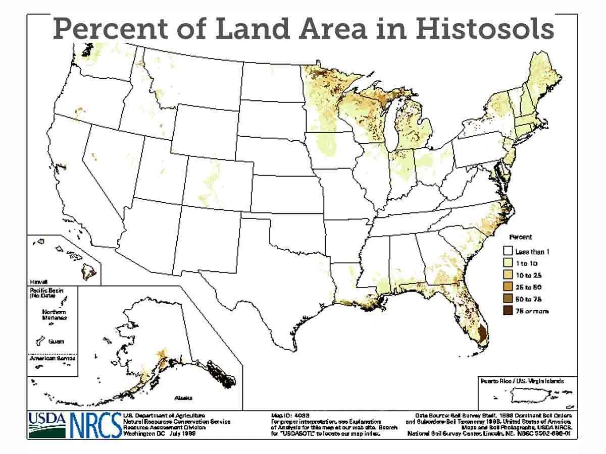 A map of the United States percent of land area in histosols