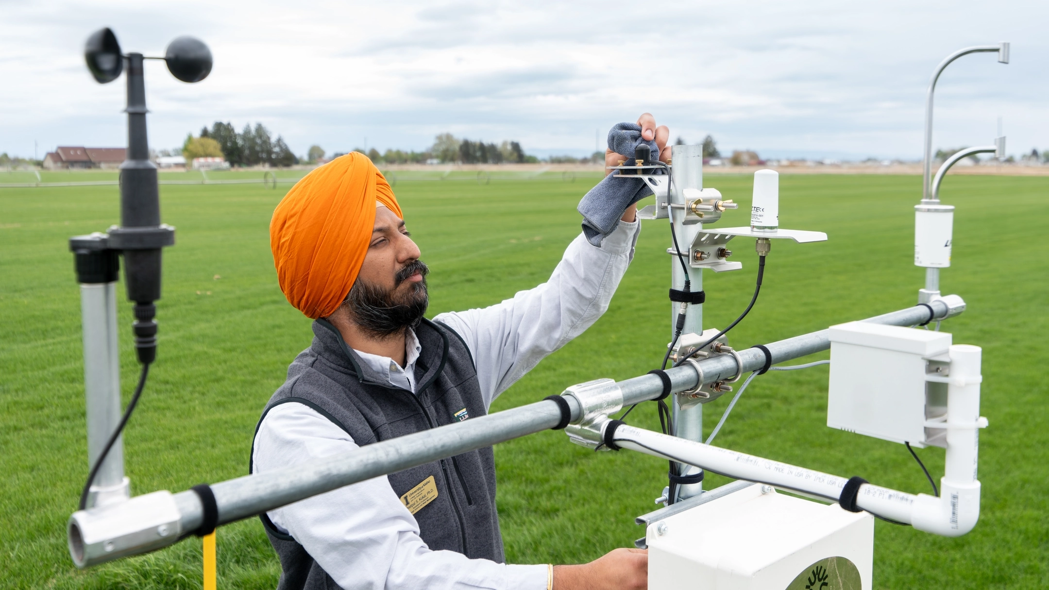Assistant Professor Meetpal Kukal does water research at McKellip Sod Farm in Nampa, ID Tuesday, April 29, 2025.