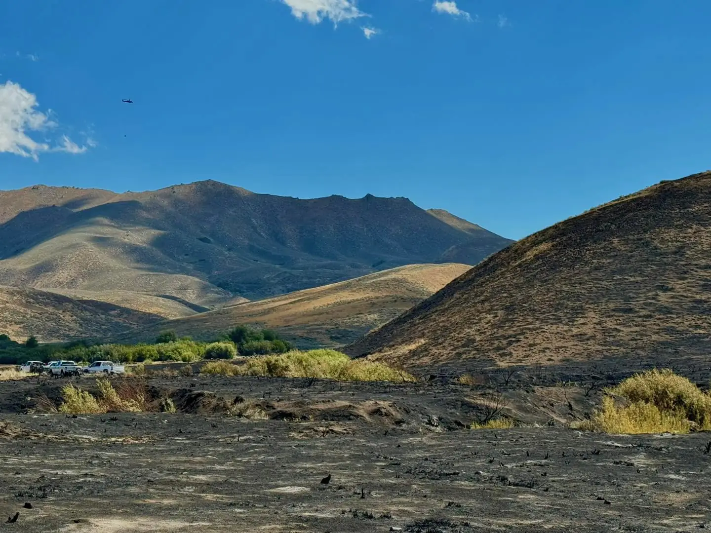 A landscape of green and brown rolling hills with a blue sky overhead.