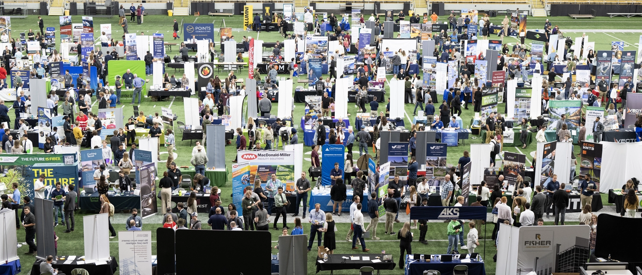 An elevated view of all the employer booths at the Career Fair in the Kibbie Dome.