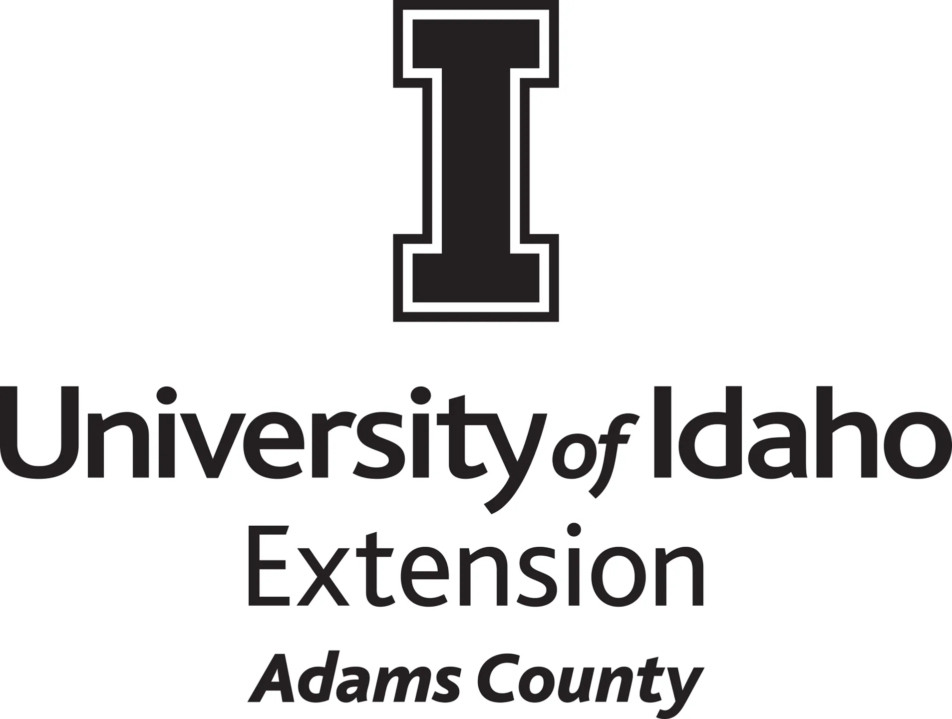 Stacked University of Idaho Extension Adams County logo in all black - JPG file, all black color, RGB mode. Please select original file when downloading. For assistance, email: medialibrary@uidaho.edu