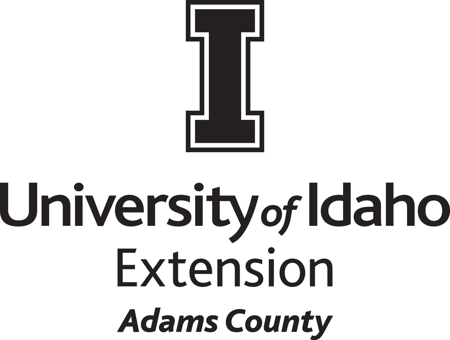 Stacked University of Idaho Extension Adams County logo in all black - JPG file, all black color, RGB mode. Please select original file when downloading. For assistance, email: medialibrary@uidaho.edu
