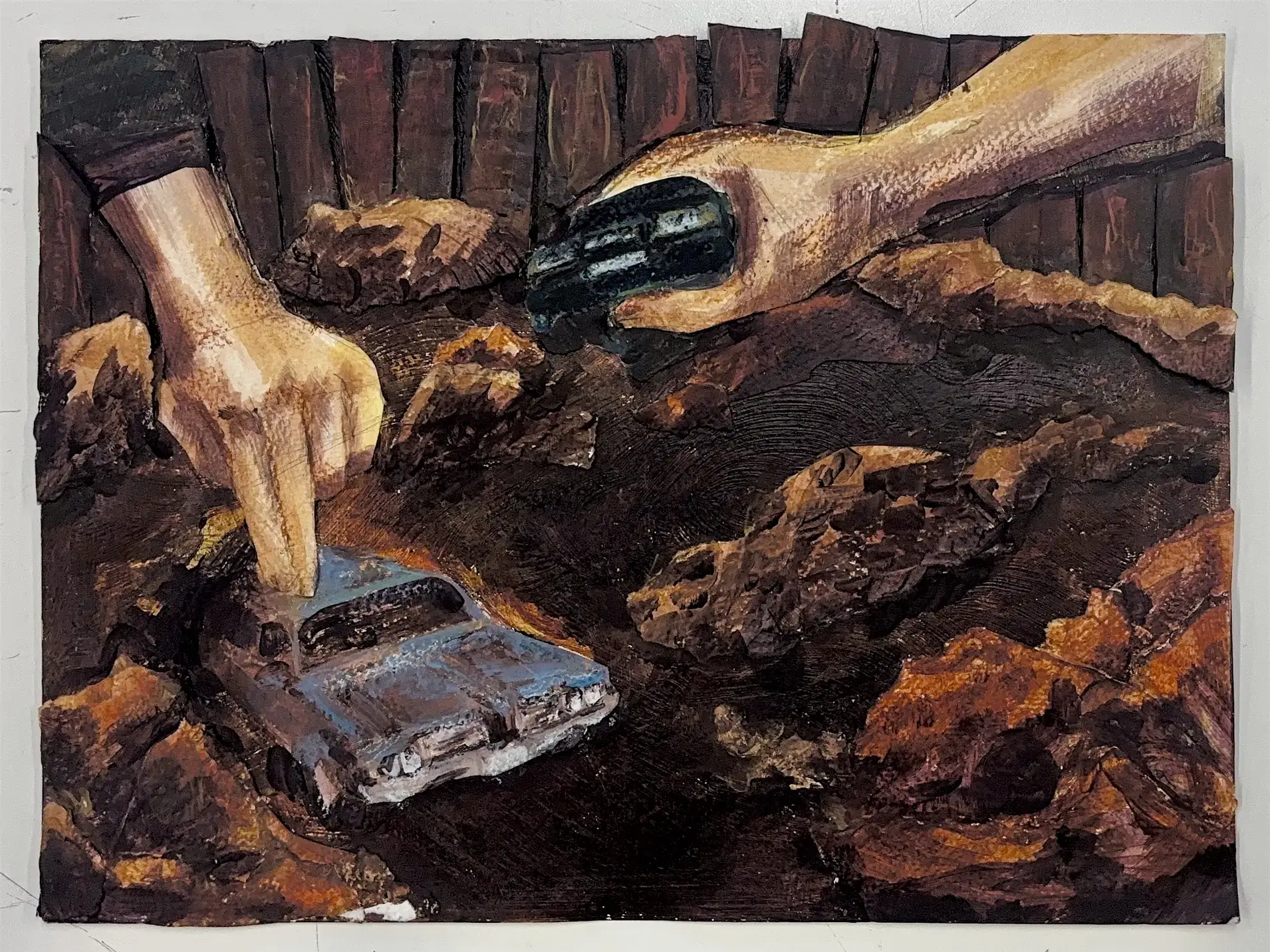 Painting of a car stuck in the mud with helping hands getting it out