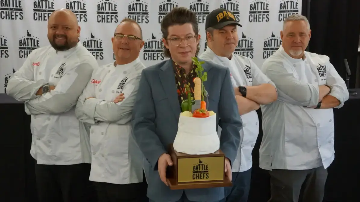 Celebrity chef Justin Warner stands with the participants of the 2024 Idaho Battle of the Chefs