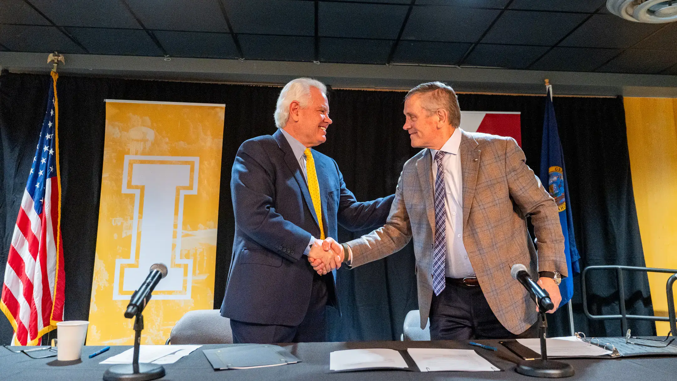 University of Idaho President Scott Green (left) and North Idaho College President Nick Swayne sign a memorandum of understanding (MOU), for the direct entry masters of nursing program, on Wednesday, April 15, 2026 in the Vandal Ballroom at the University of Idaho’s Pitman Center.