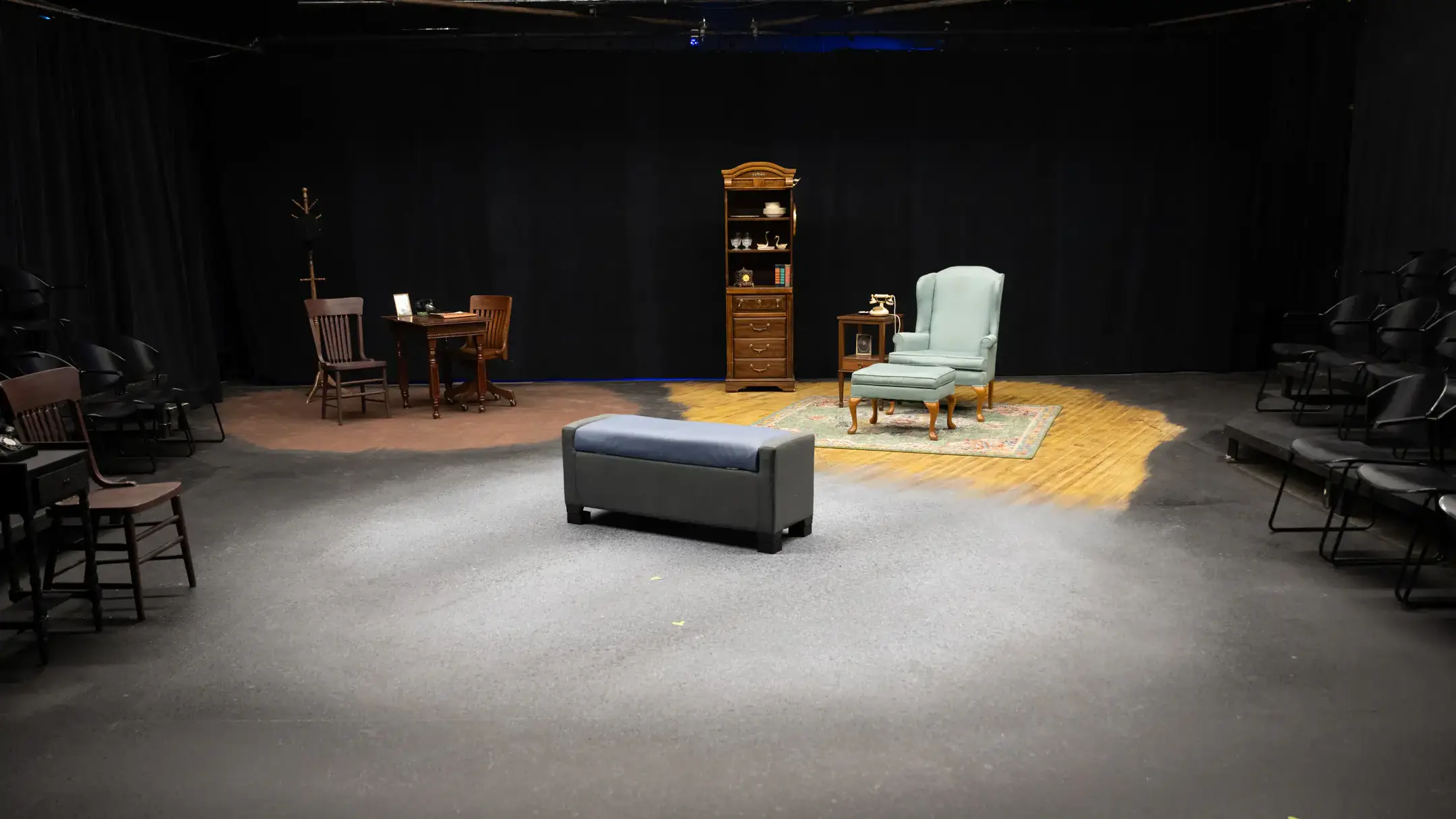 Forge Theater interior. The Forge is a black box experimental theatre with moveable seating.