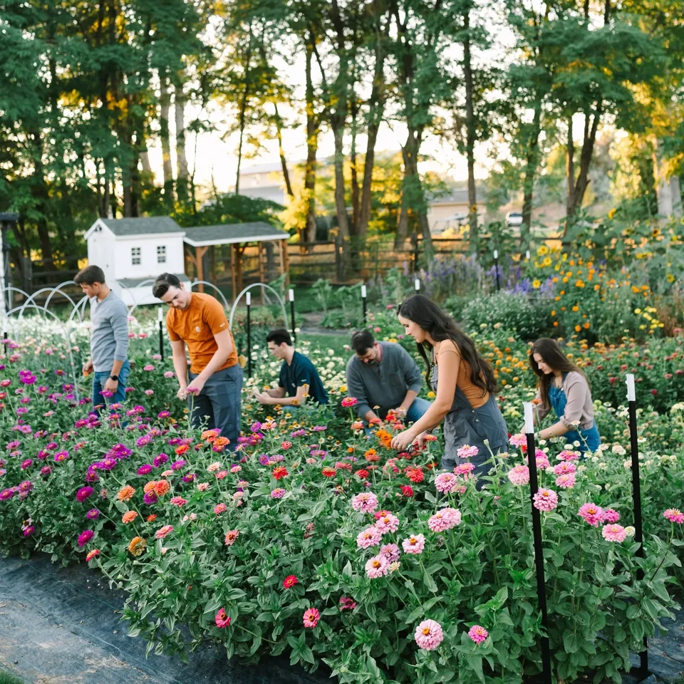 Six adults work in a field of various types of cut flower varieties.