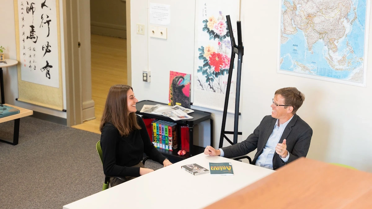 Student ambassador to Hiroshima Megan Lolley, who was part of a summit to join Hiroshima University with the University of Idaho  through the Asian studies program, with Director of the Habib Institute for Asian Studies, Jeff Kyong-McClain.