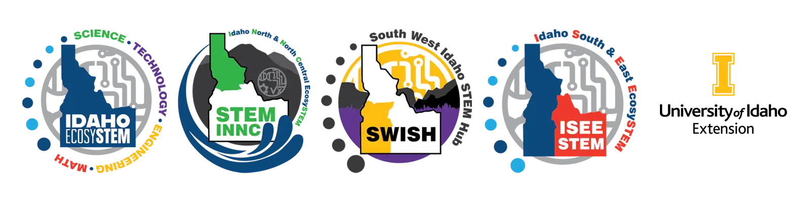 Four circular logos representing STEM initiatives in Idaho, each containing an outline of the state map and colored patterns.