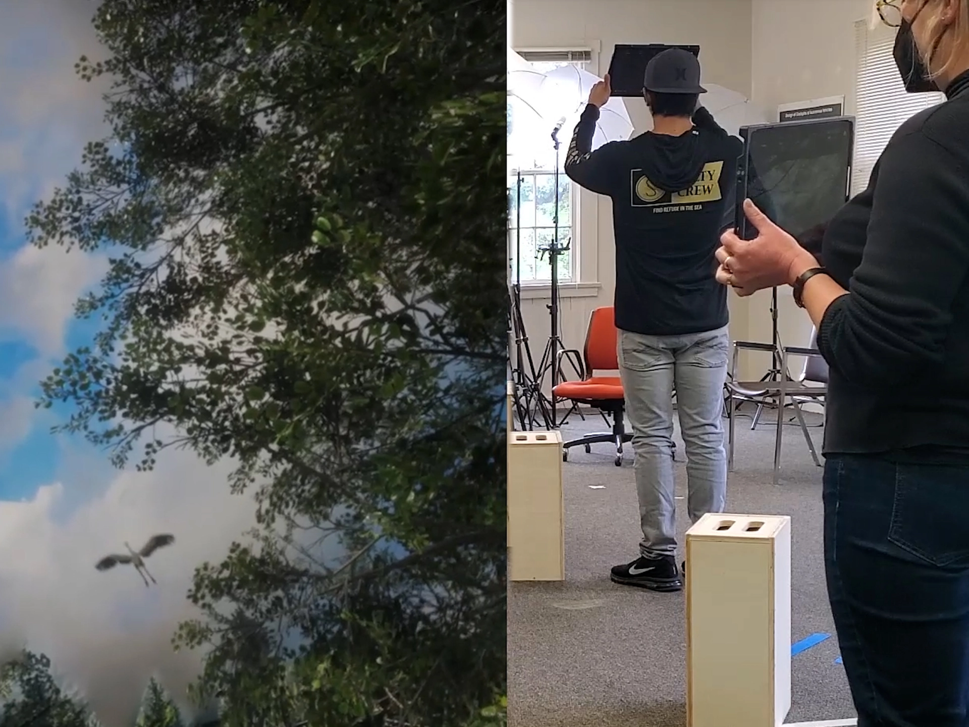 Split screen with animation on left and students on right