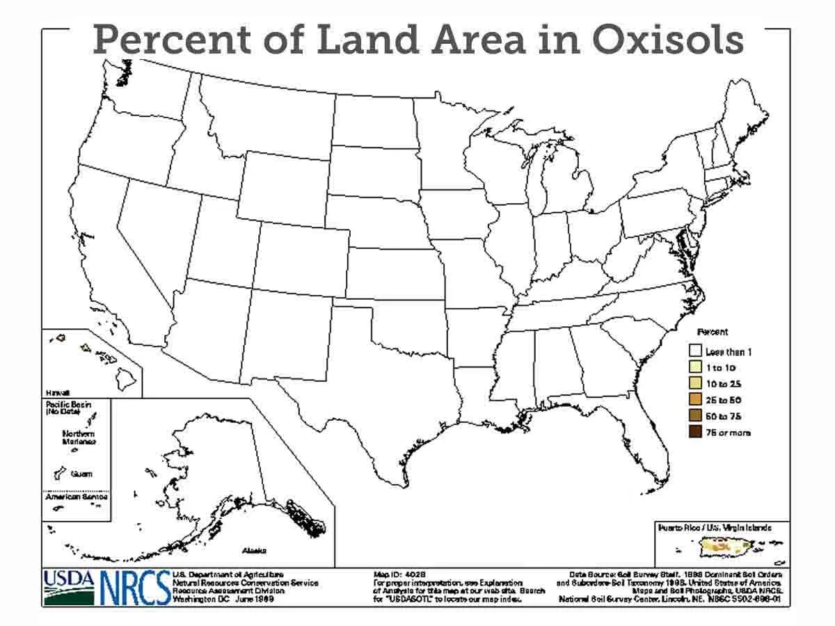 United States map of percent of land area in oxisols
