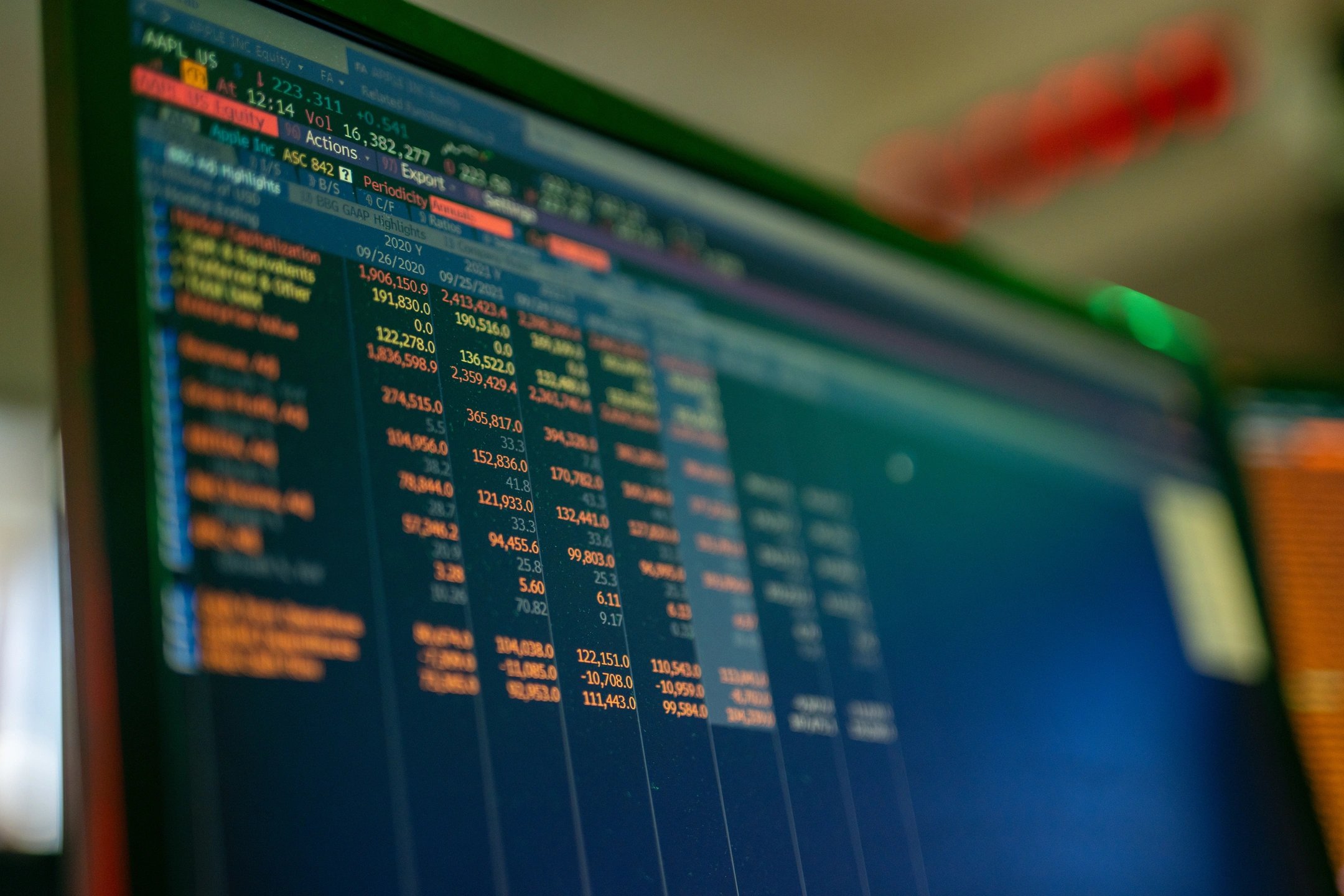A computer screen displays stock market values. 