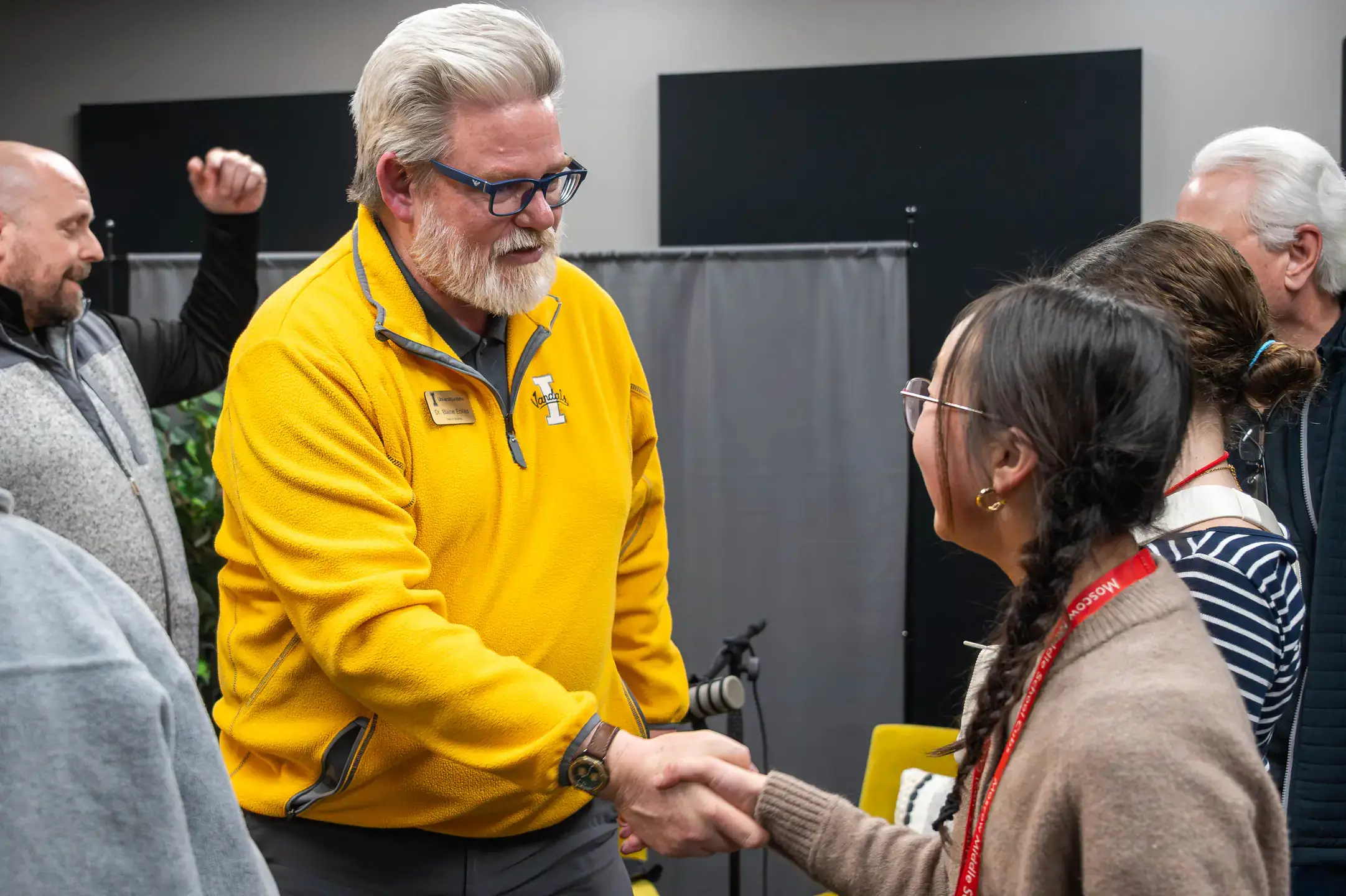 Moscow Middle School students record an America 250 podcast with University of Idaho leadership on Friday, January 30, 2026. The students' questions were inspired by this year’s Common Read – Sharon McMahon’s “The Small and the Mighty" – and their work with UI students from the EDCI 2010 course (Ed-Curriculum and Instruction: Contexts of Education).
